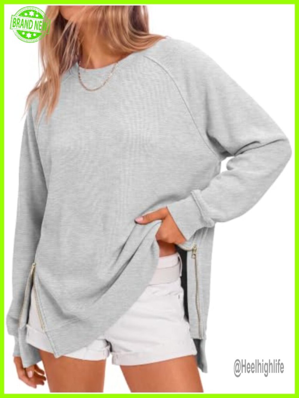 Oversized Crewneck Tunic Sweatshirt Side Zip Loose Fit Casual